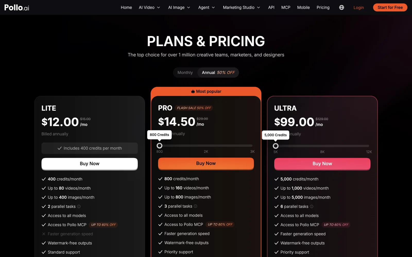 Screenshot of Pollo AI's pricing page