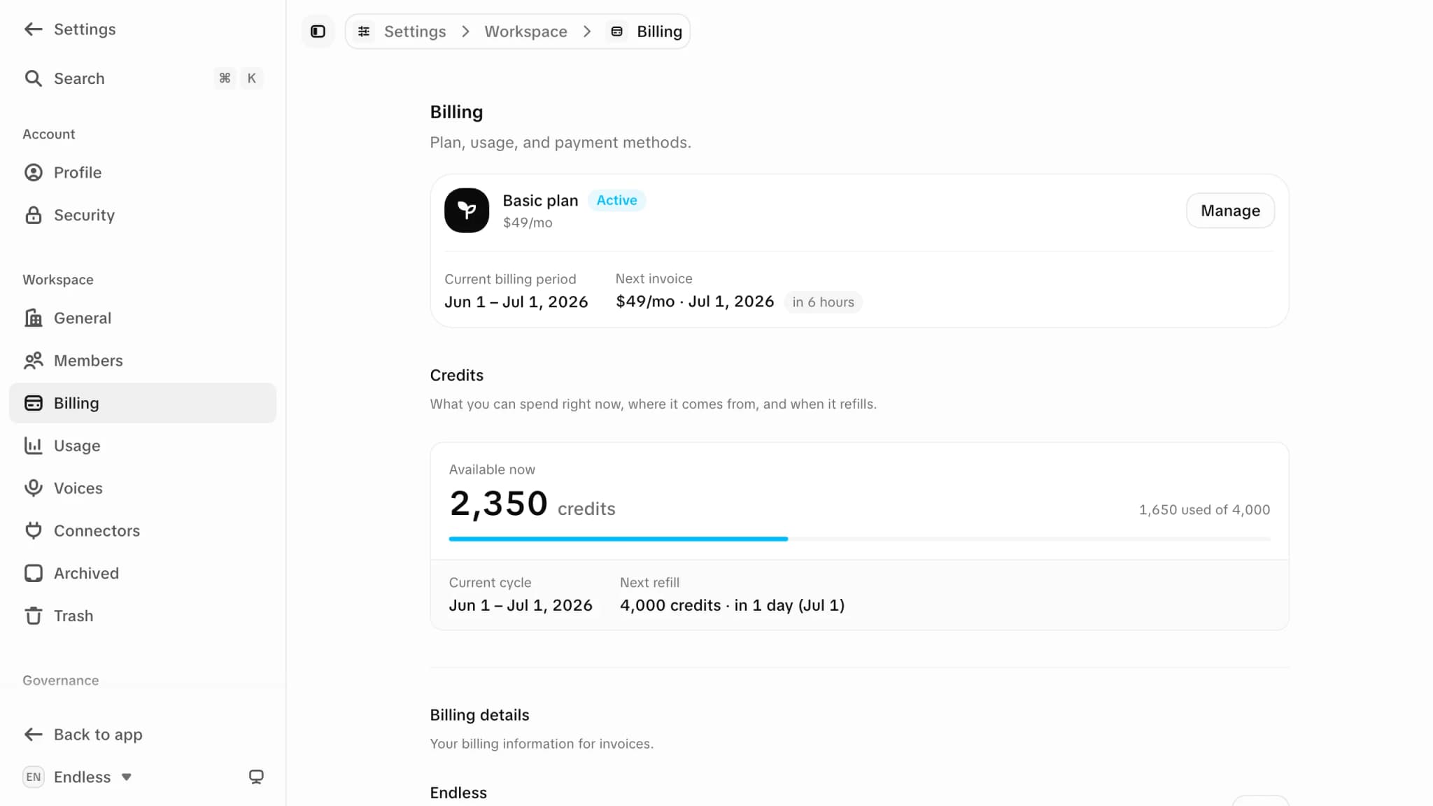 The Billing page: the plan banner marked Active with a Manage button, the current billing period and next invoice; then a Credits section with the credits available now, a usage bar against the cycle's total, the current cycle and the next refill