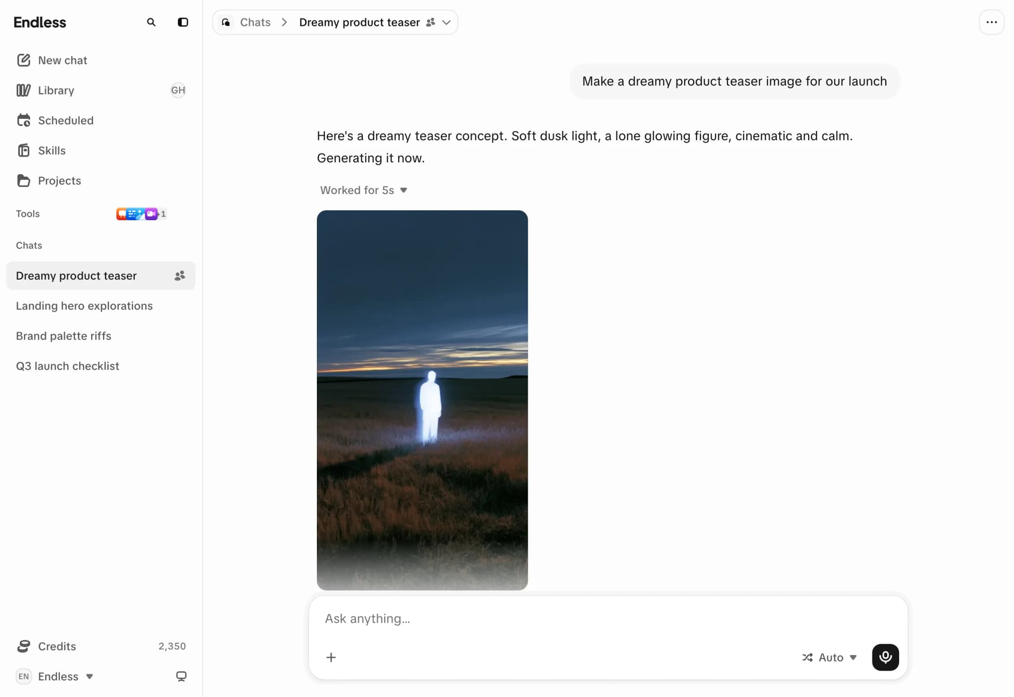 A chat in Endless: the sent message “Make a dreamy product teaser image for our launch”, the assistant's reply, a collapsed “Worked for 5s” step, and the finished image inline under the reply, with the composer docked below
