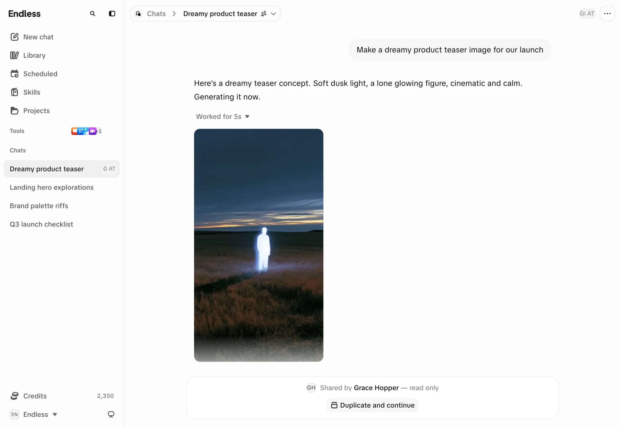 A teammate's shared chat opened by someone who can only read it: the avatars of the people viewing it in the header, the conversation with its generated image, and in place of the composer a banner saying it was shared by Grace Hopper and is read only, with a Duplicate and continue button