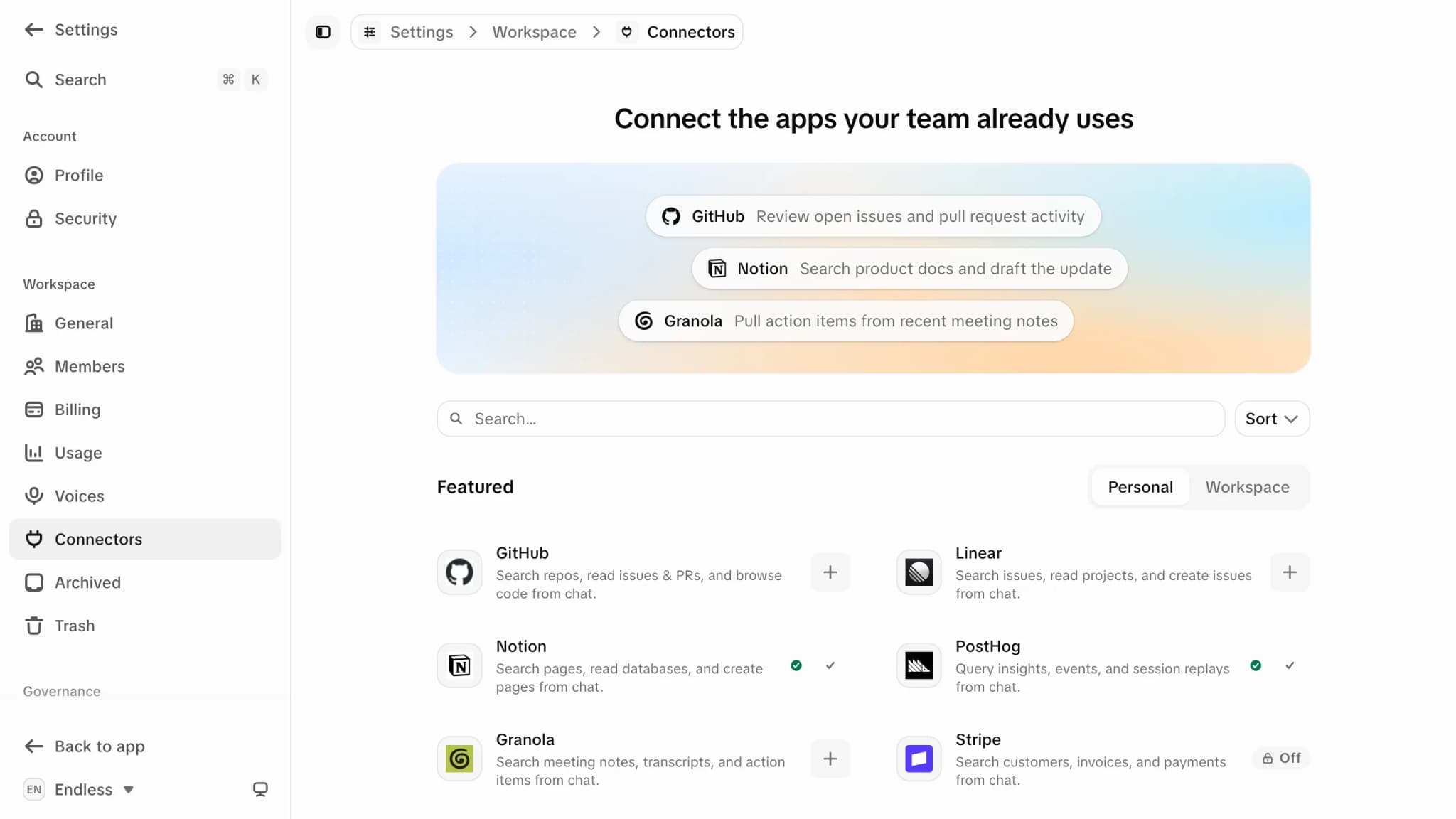 The connectors page: a marketplace search field above a Featured grid of connector cards for GitHub, Linear, Notion, PostHog, Granola, Stripe, HubSpot and DeepWiki, each with a one-line description and either a plus button to connect it, a tick marking it already connected, or an "Off" badge