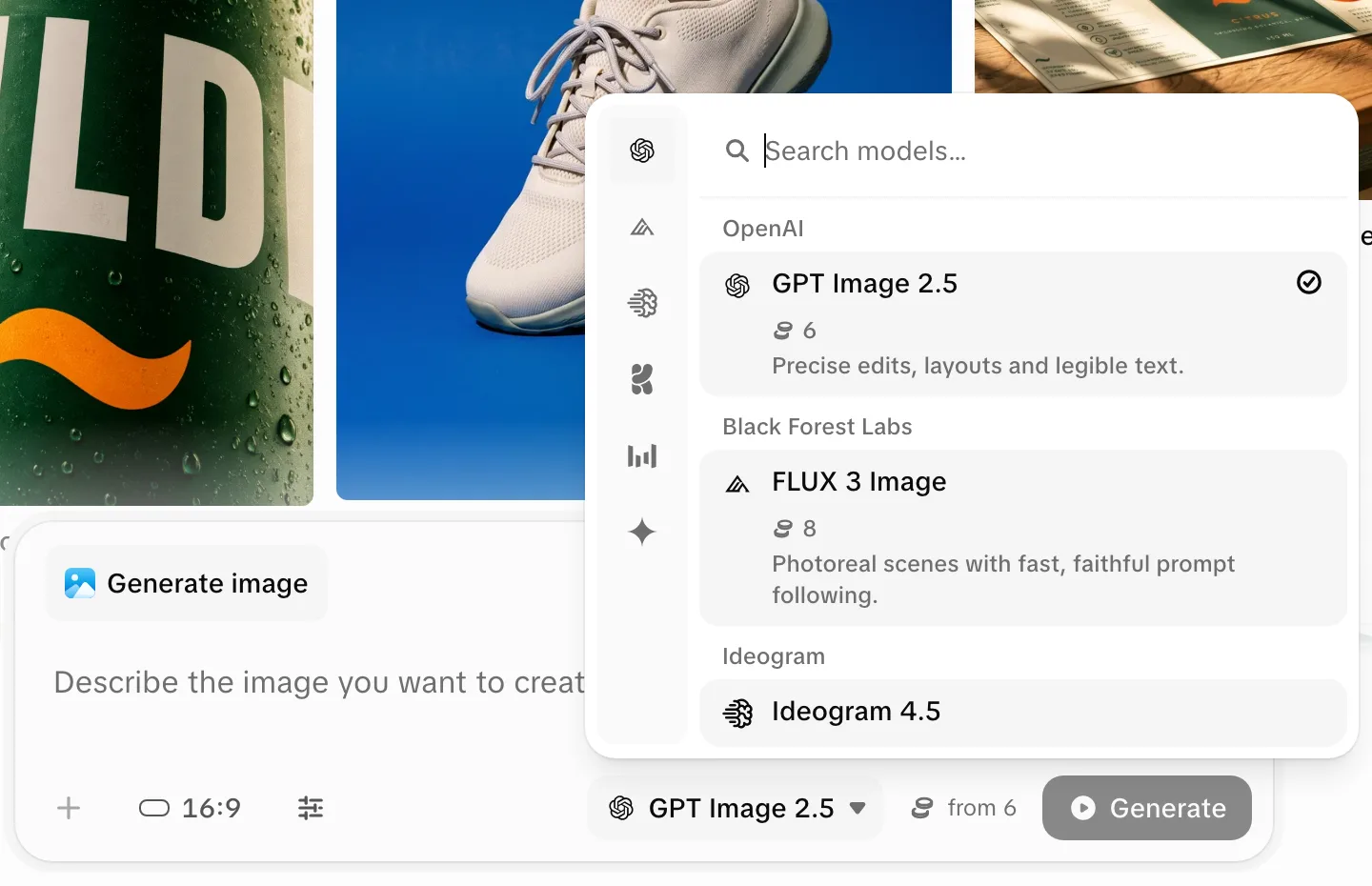 The model picker open above the Image composer: a provider rail on the left, a search field, and models grouped by provider (GPT Image 2.5 checked, FLUX 3 Image, Ideogram 4.5), each row with its price in credits and what it is good at