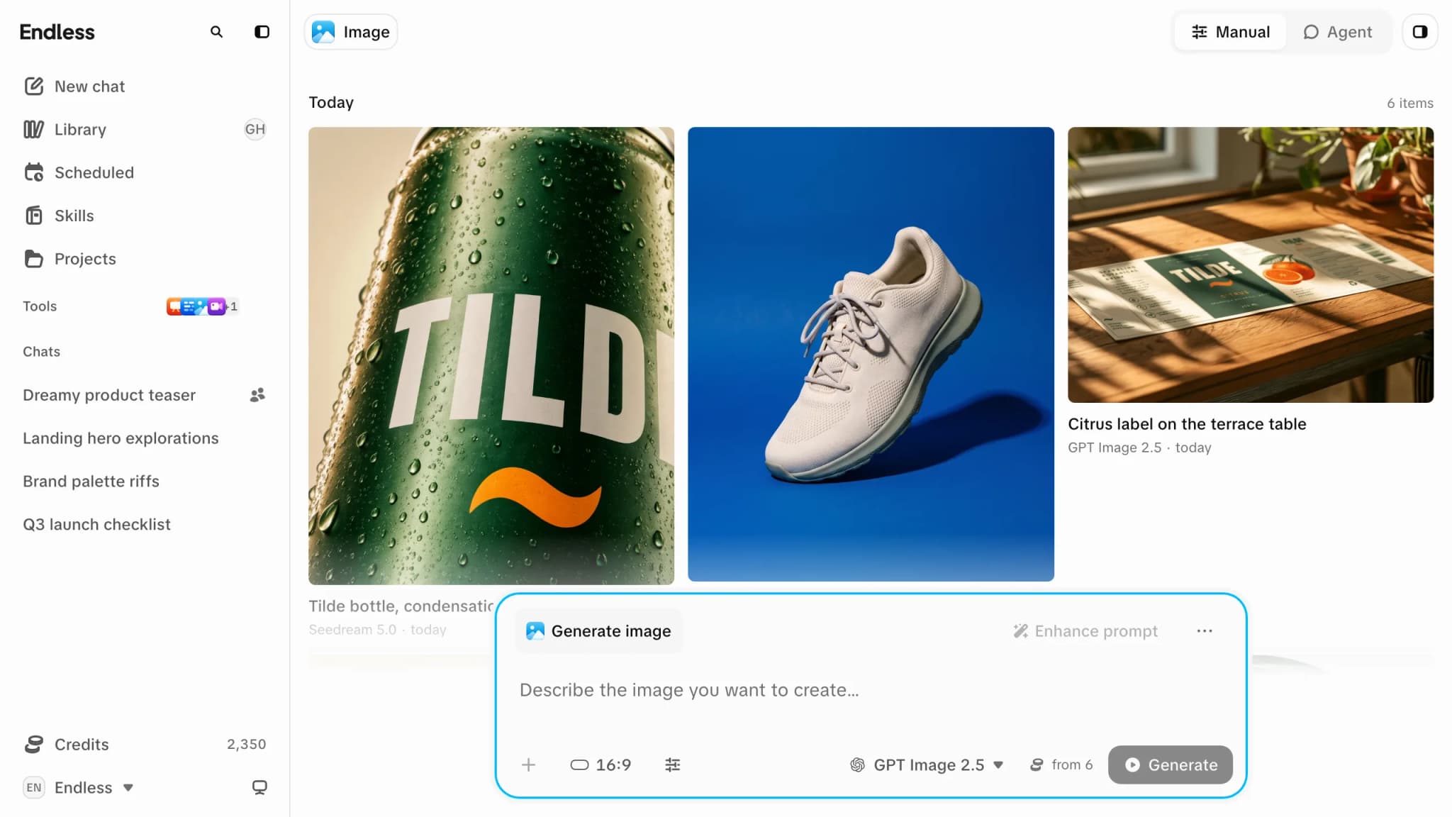 The Image page: Manual and Agent tabs and a Show library button in the header, earlier results in the feed, and the docked composer with Generate image, the prompt field, a 16:9 Output chip, the advanced parameters control, the selected model, the credit estimate and the Generate button