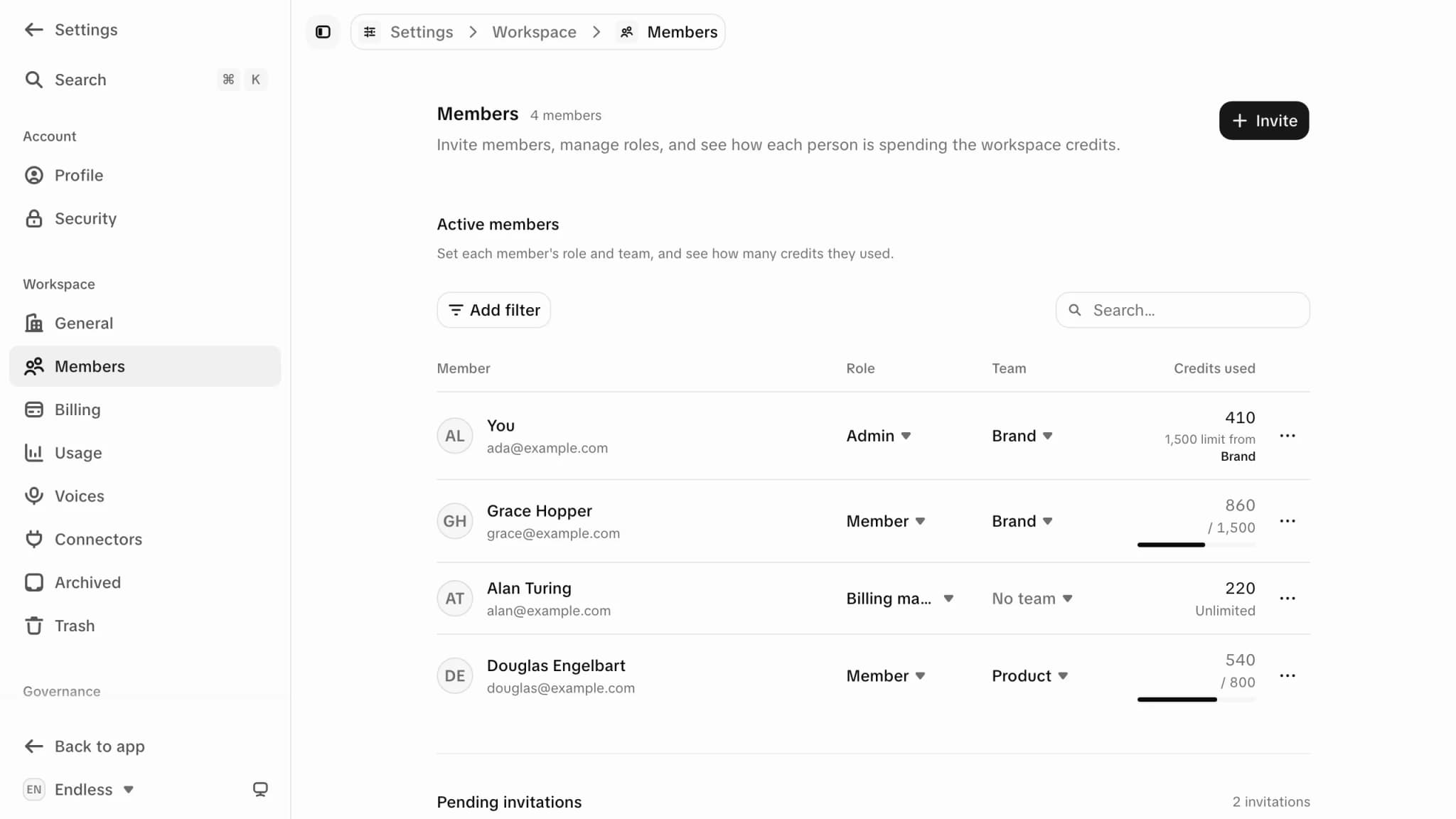 The settings menu as an admin sees it: Account, Workspace and Governance sections down the left, with the Members page open on the right showing each person and their role