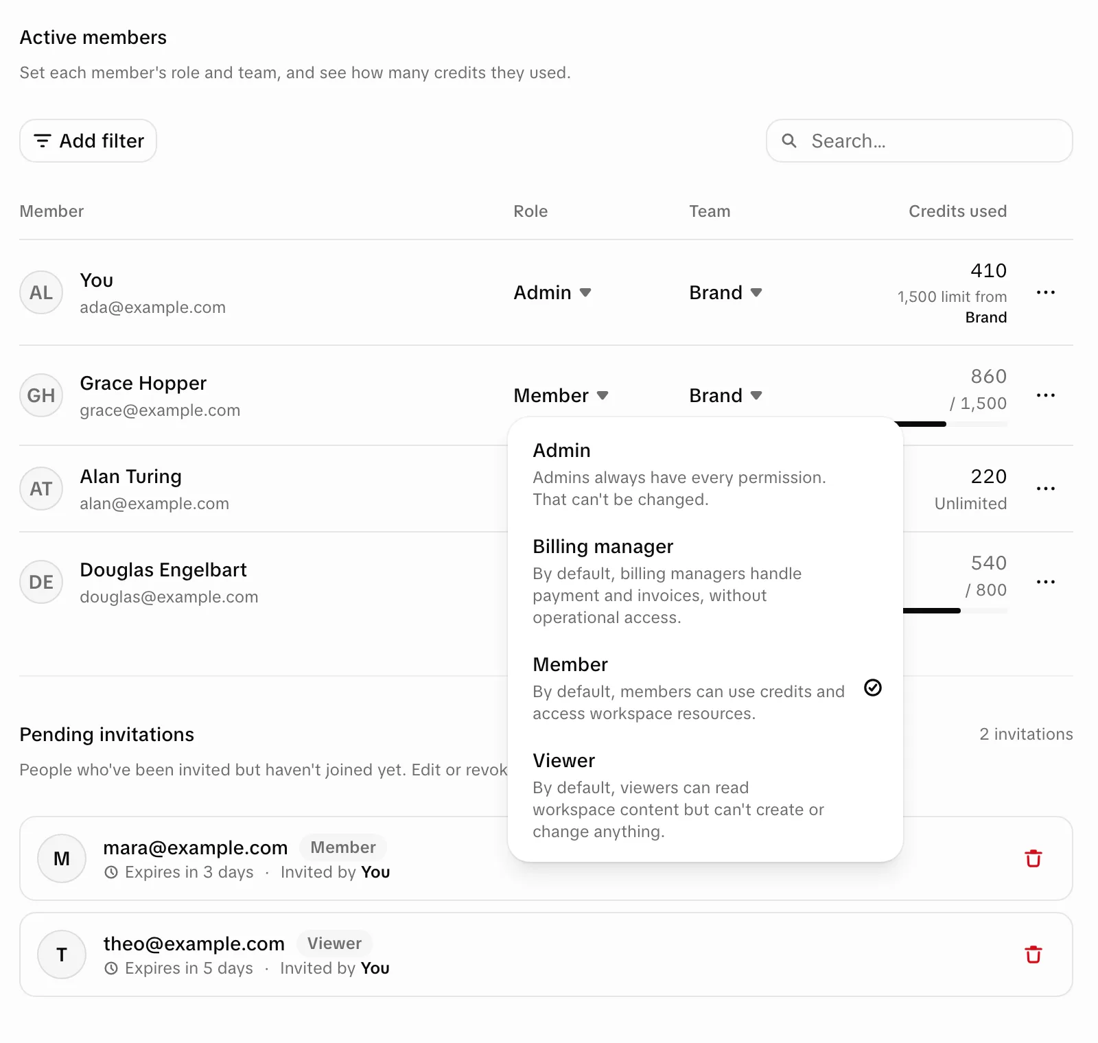 The Role picker open on a member's row: Admin, Billing manager, Member (checked) and Viewer, each with a one-line description of what that role can do by default
