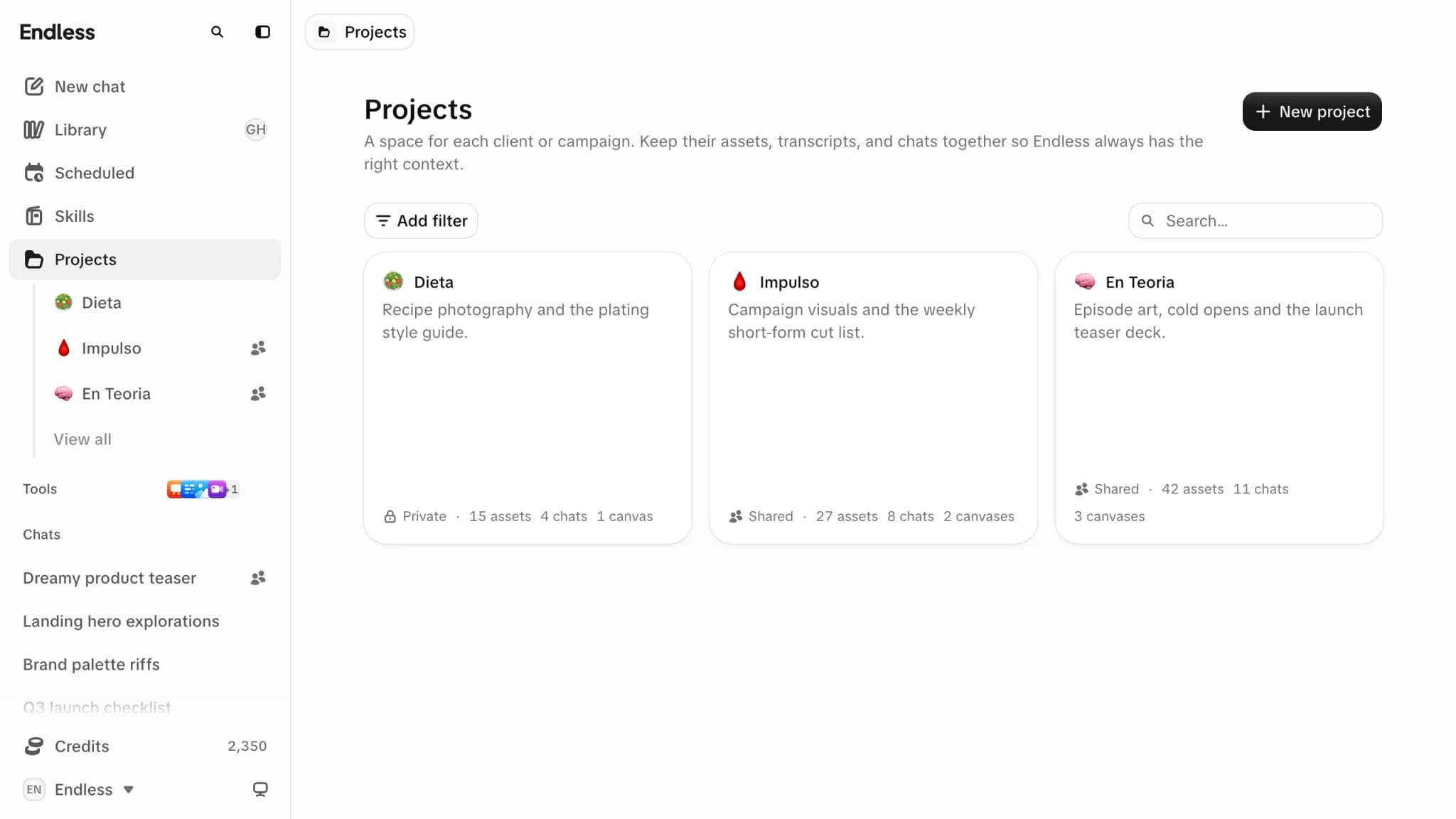 Um projeto no espaço de trabalho, mostrando quantos ativos, chats e canvas ele tem, e as pessoas com acesso