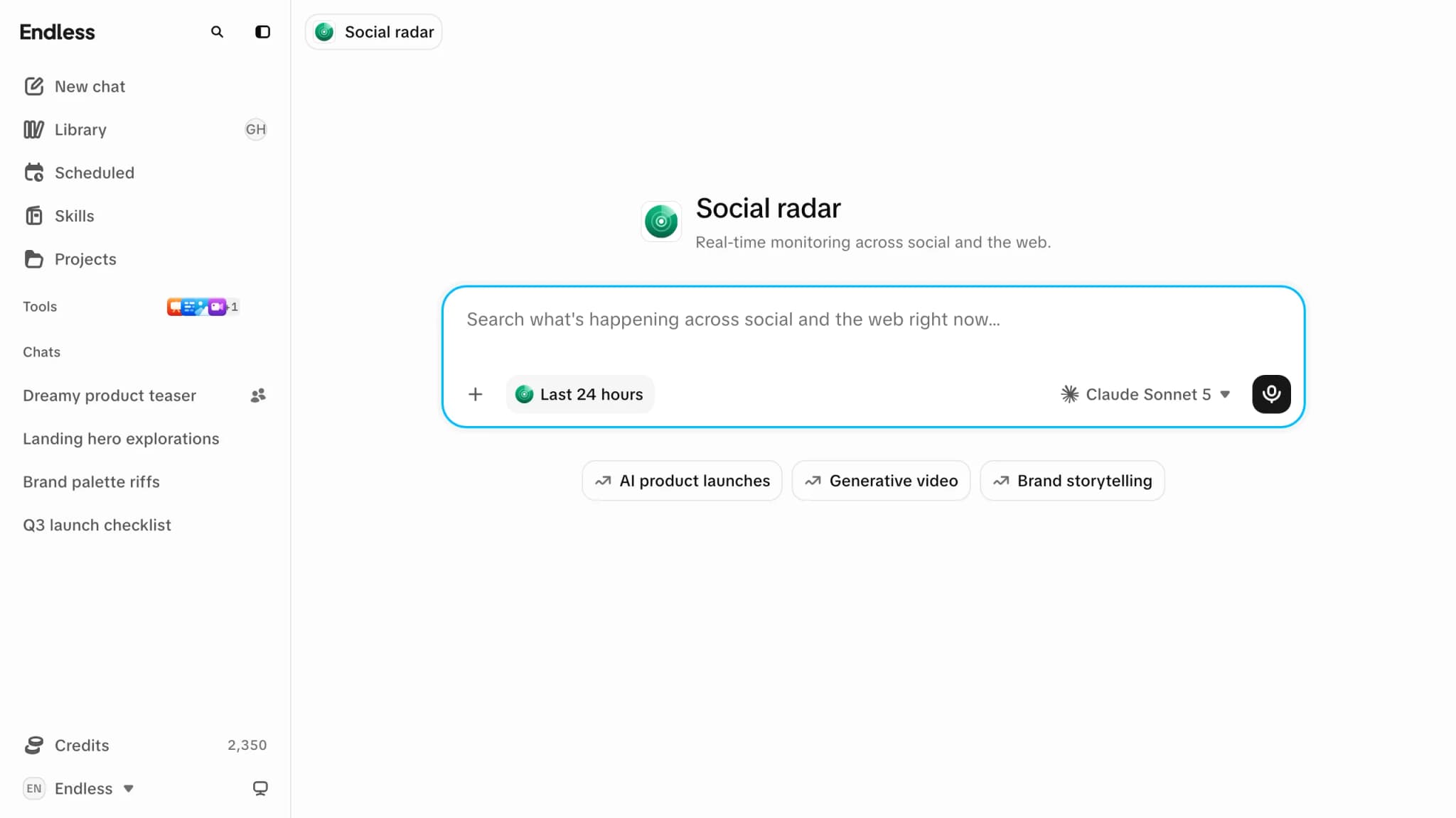 The Social radar screen: a composer asking what's happening across social and the web right now, a recency control on it reading "Last 24 hours", and beneath it a row of trending-topic pills such as "AI product launches" and "Generative video"