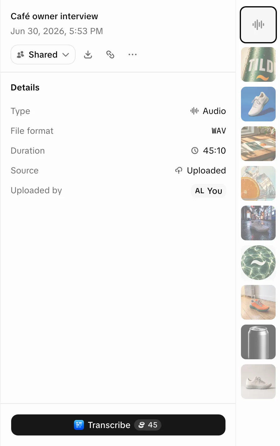 The details of an uploaded audio file in the Library viewer: type Audio, format WAV, duration 45:10, source Uploaded, and at the bottom a Transcribe button showing its price in credits