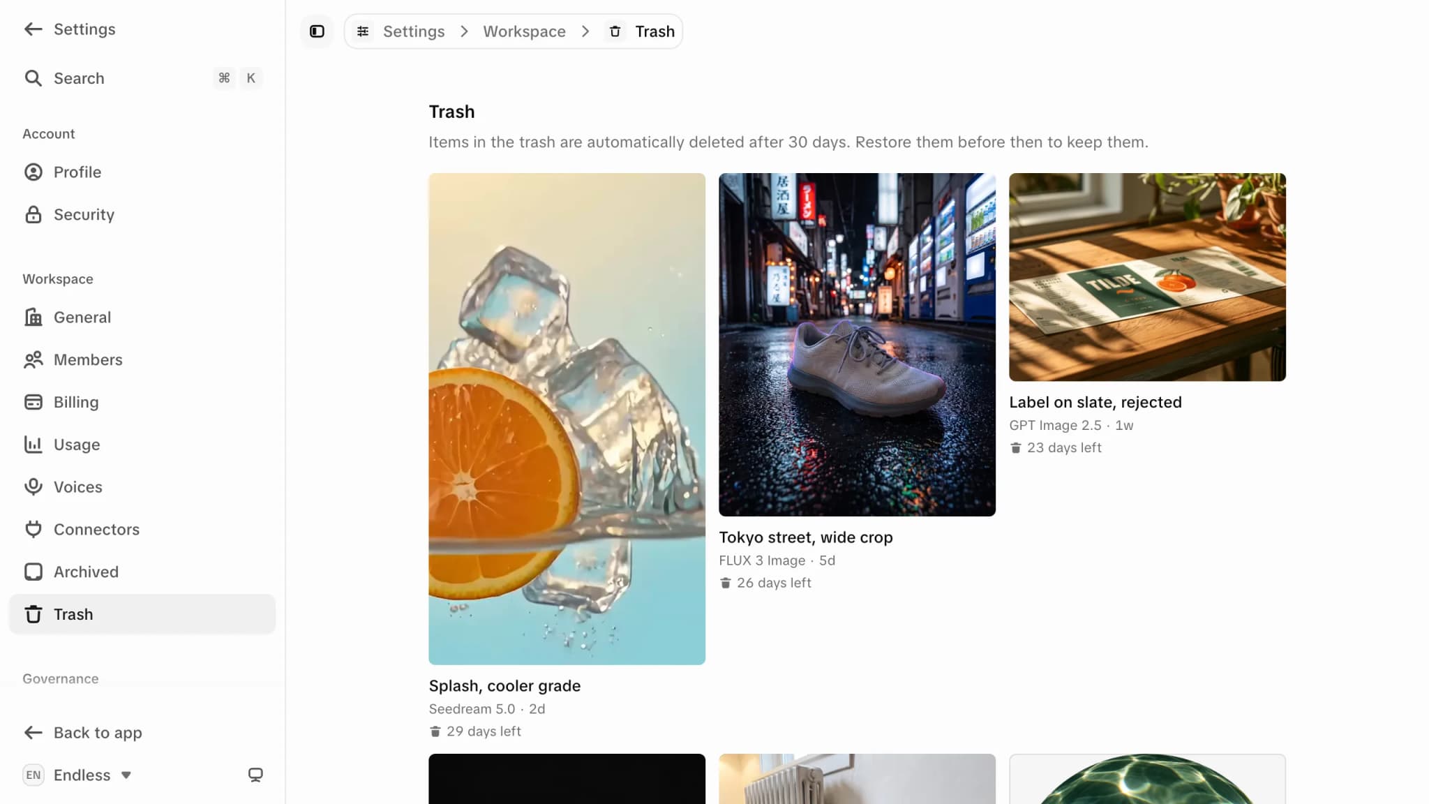 The Trash page: a grid of deleted images, each with its name, the model that made it and when it was deleted, and a countdown of the days left before it is removed for good, from 29 days on the newest to 9 on the oldest