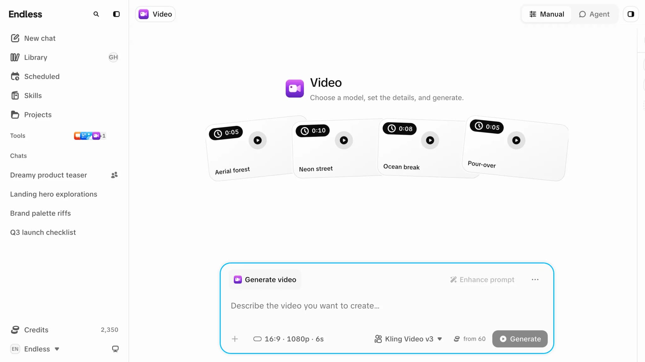 The Video page before its first run: Manual and Agent tabs in the header, a fanned row of starting-idea cards showing clip lengths, and the docked composer with Generate video, the prompt field, an Output chip reading 16:9 · 1080p · 6s, the selected video model, the credit estimate and the Generate button