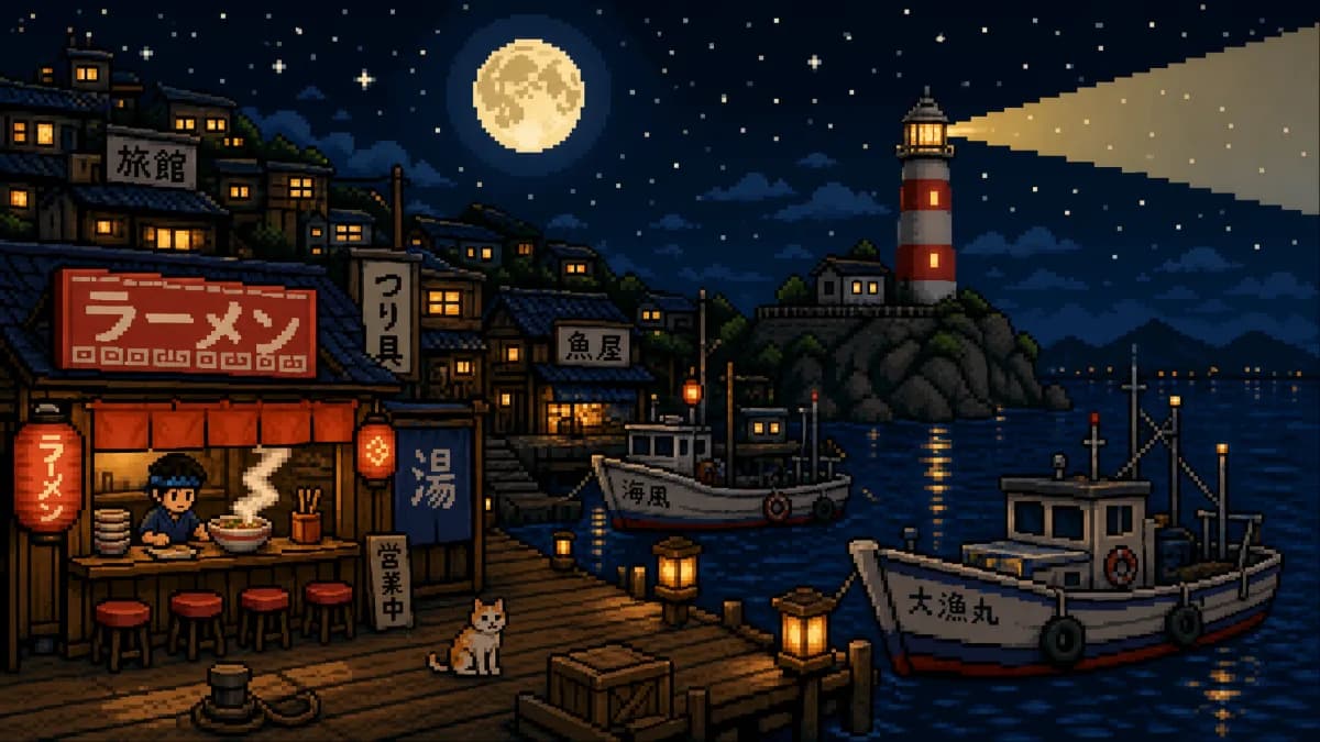 Pixel-art harbor at night