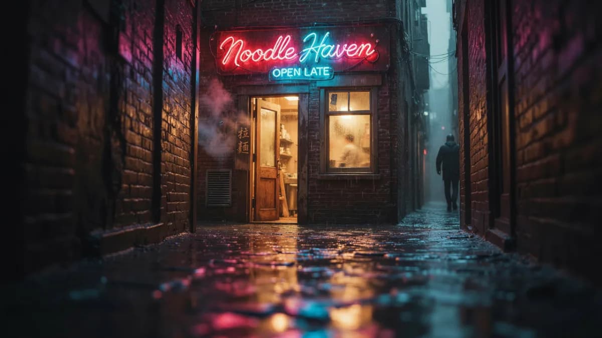 Neon noodle shop at night