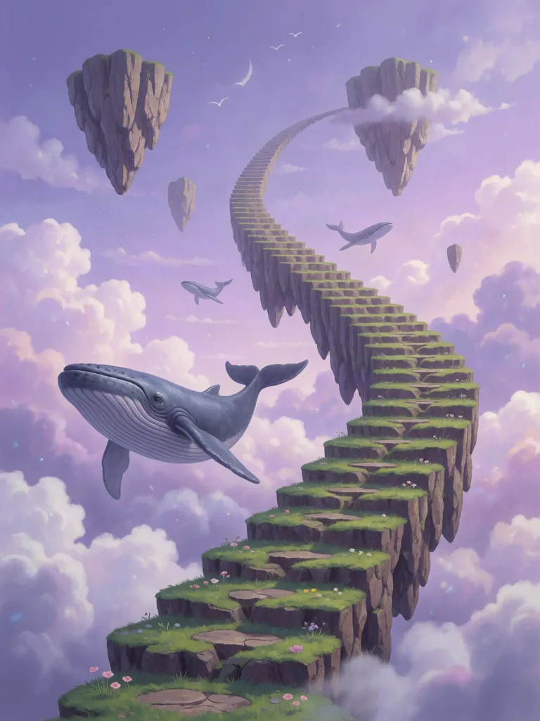 Whales over floating stairs