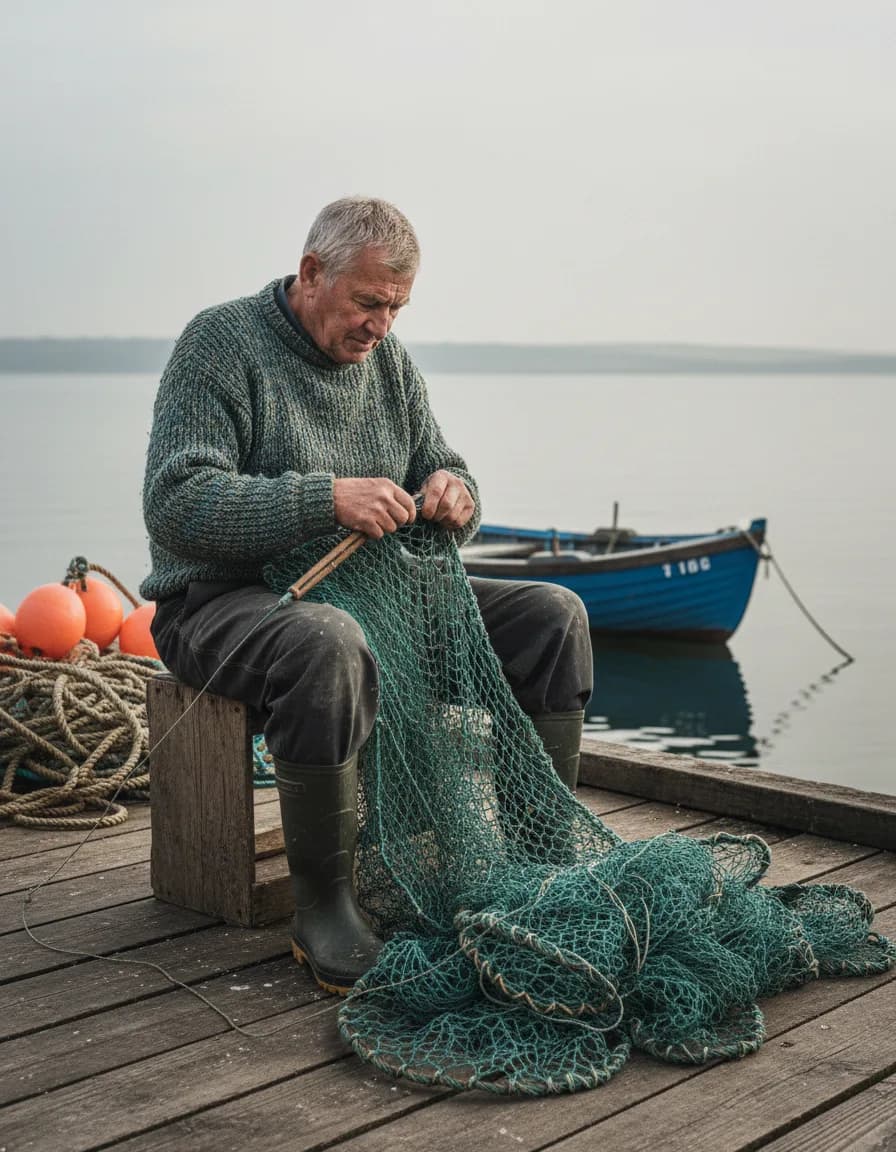 Fisherman mending nets