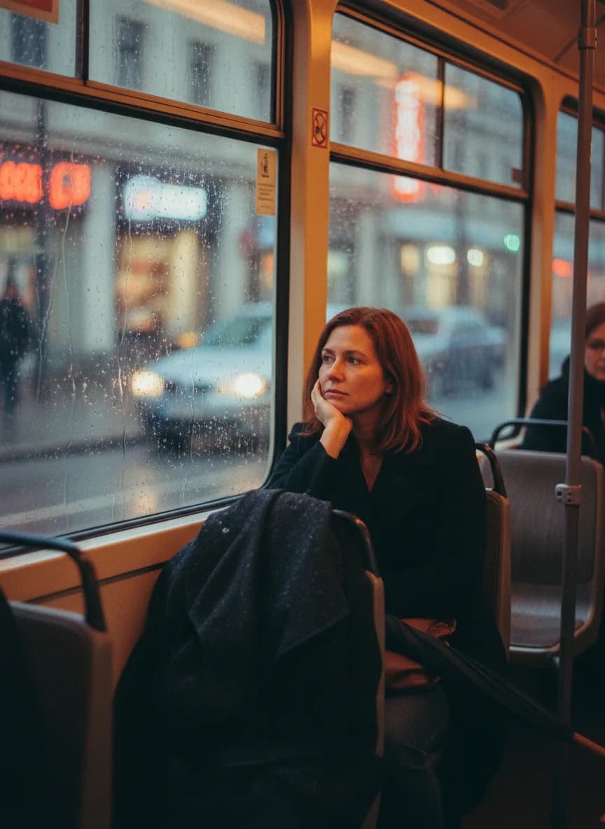 Commuter on a rainy tram