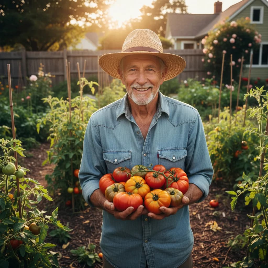 Gardener with heirloom tomatoes