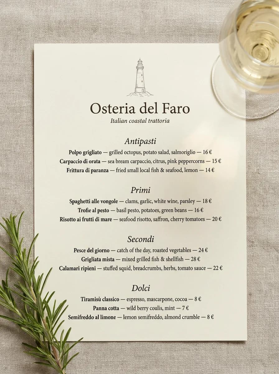 Trattoria dinner menu