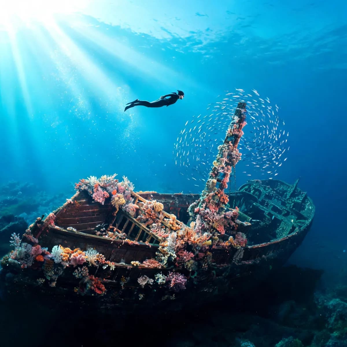 Diver over a shipwreck
