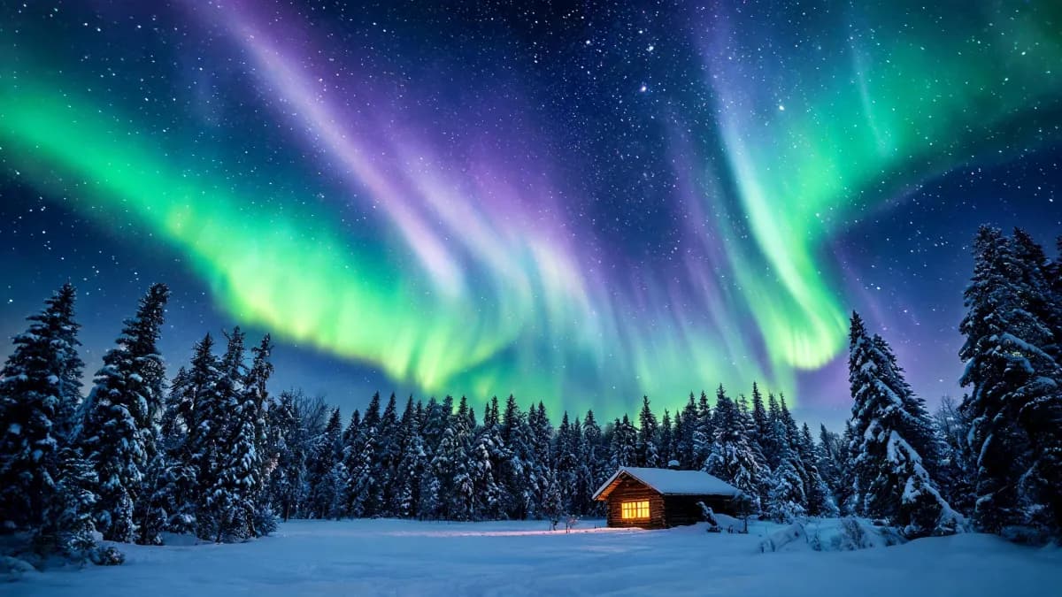 Aurora over a cabin
