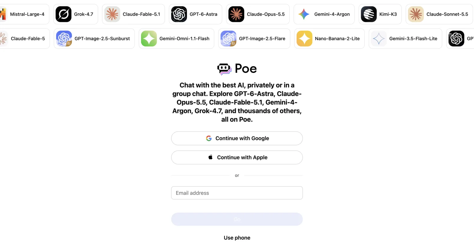 Captura de tela da página de login do Poe