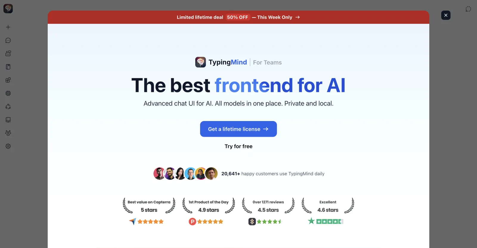 Captura de tela da página inicial do TypingMind