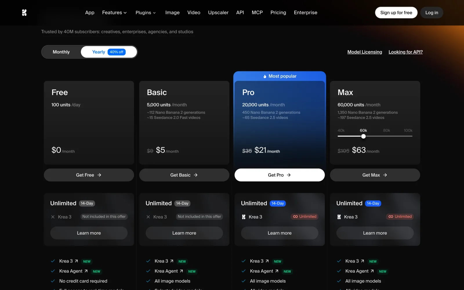 Screenshot of Krea's pricing page