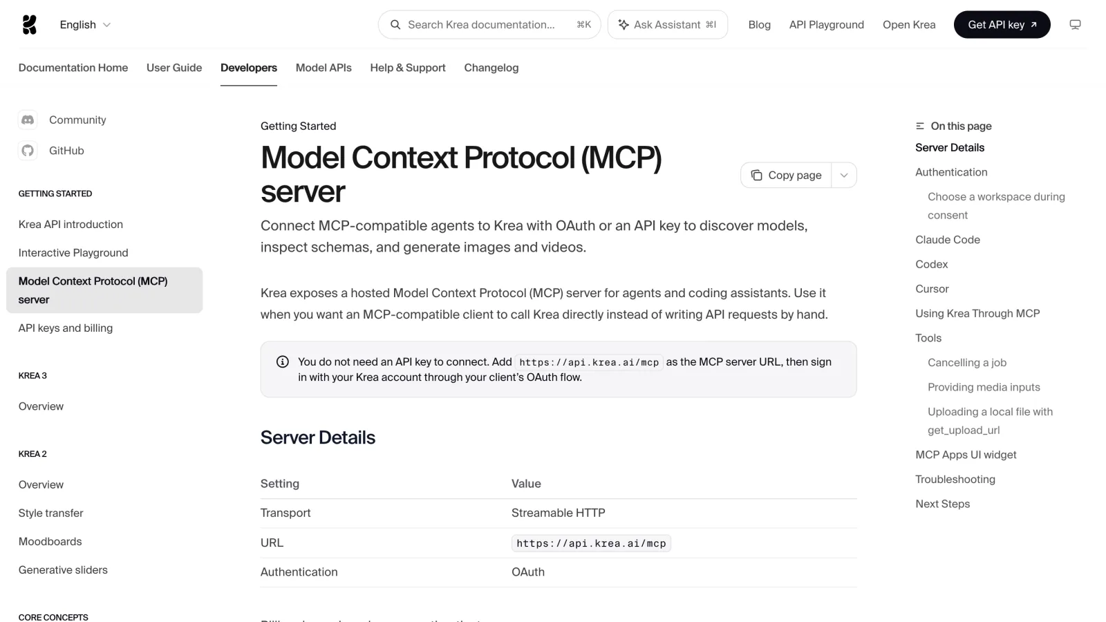 Screenshot of Krea's MCP documentation