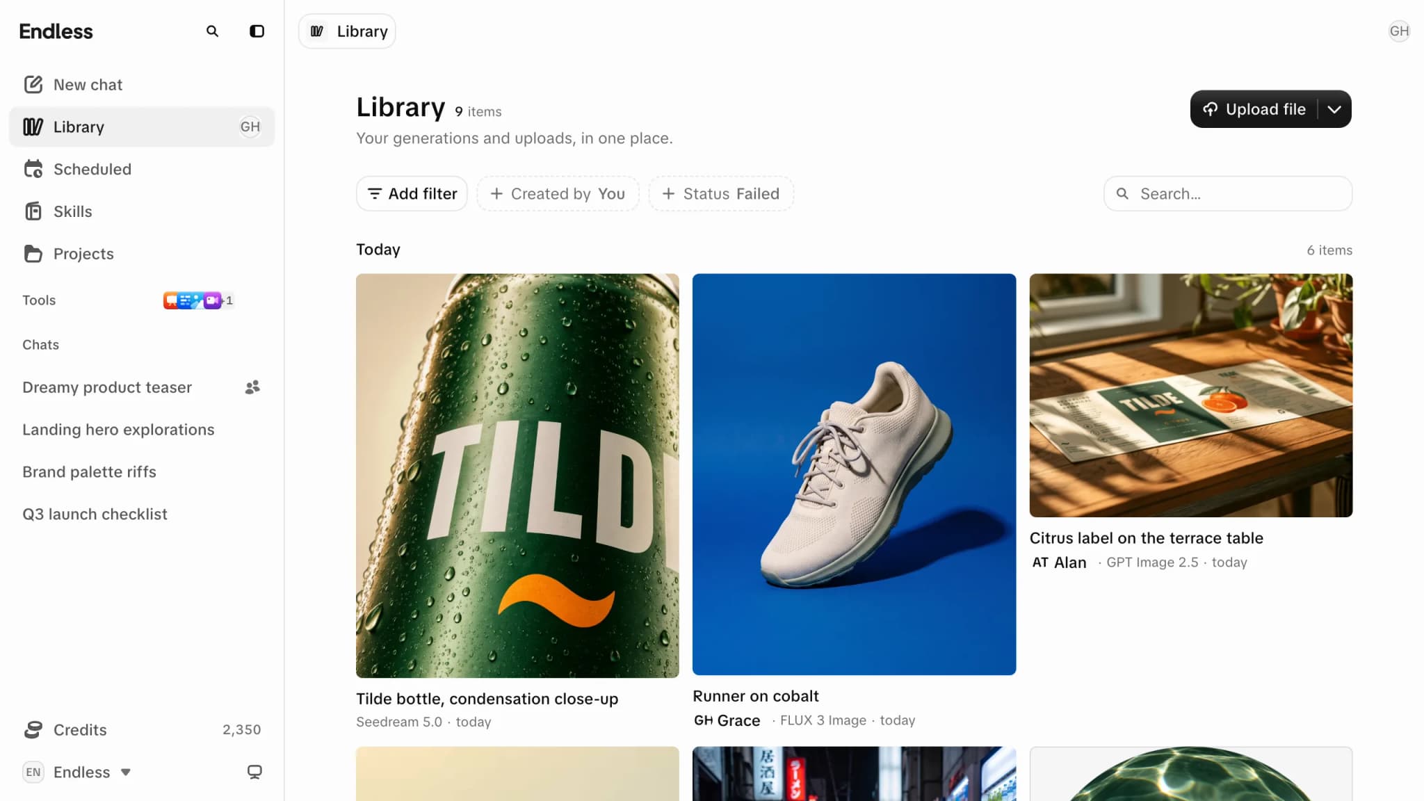 The Library: the title with its item count and an Upload file button, a filter bar with Add filter and suggested filters beside a search field, and below it a grid of campaign images grouped under Today, each captioned with its name, who made it, the model and when