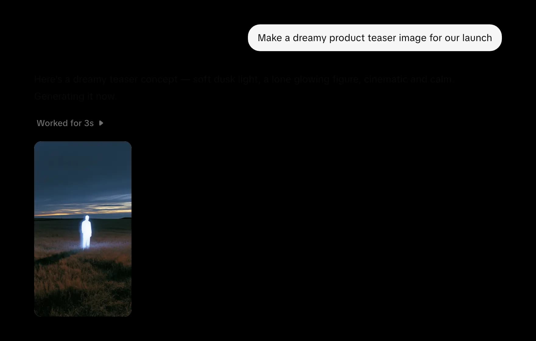 Uma troca no chat: o prompt, a resposta do assistente e a imagem que ele gerou.
